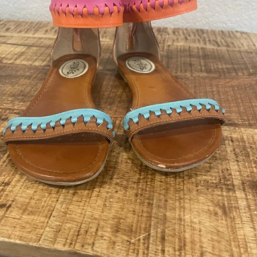 Stevies Girls 3 Tribal Gal Sandals Brown Pink Blue Ankle Strap Flats Open Toe